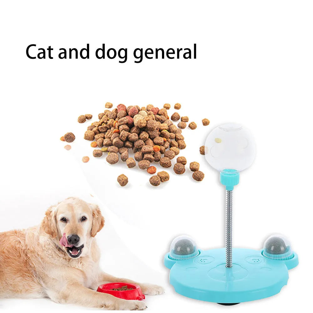 Plastic pet feeder toy with leaking food ball, swing tumbler body, suction cup base, Blue or Pink
