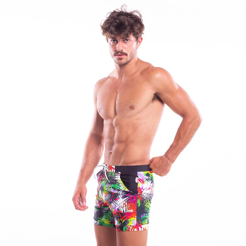 Men's spandex polyester swim shorts with elastic waistband in picture colour, available in sizes S to XXL