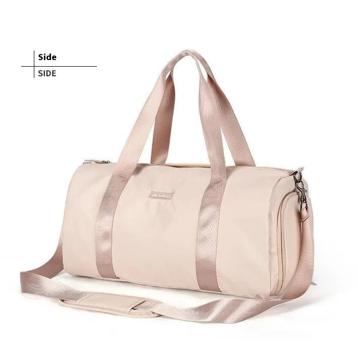 Beige nylon sports bag with contrast colour details and letters pattern