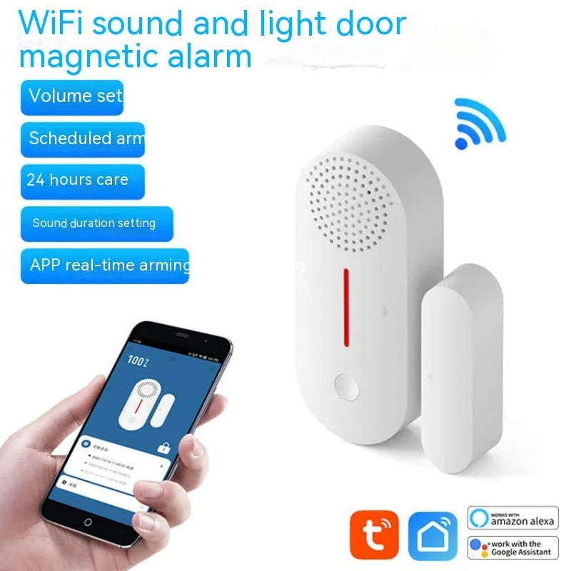 WiFi door magnetic sensor alarm unit for home security with acousto-optic alert.