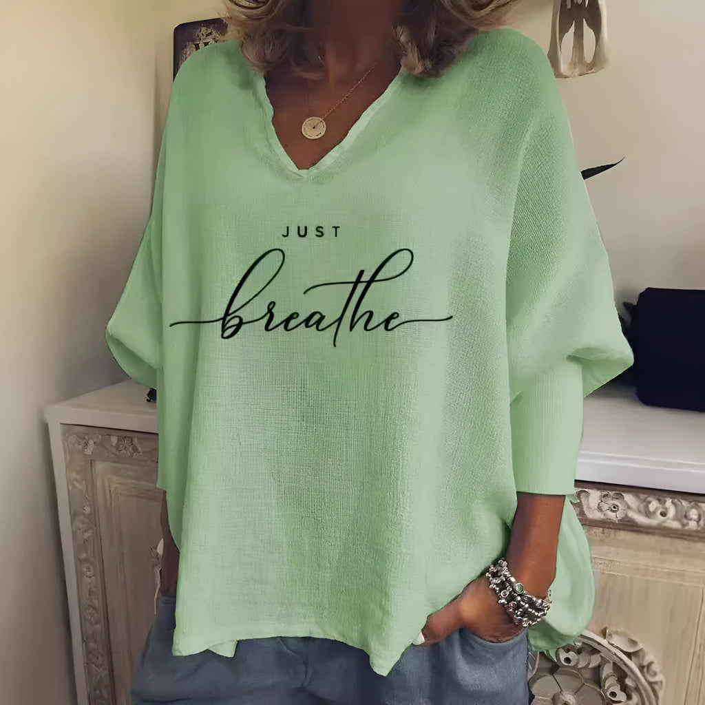 Women's V-neck long sleeve loose top in brushed milk silk fabric with digital printed pattern