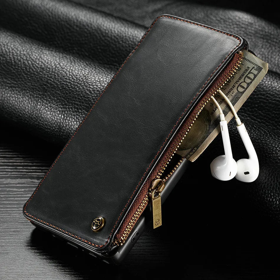 Black PU leather flip phone case for Samsung Galaxy Note 9 shown open and closed.