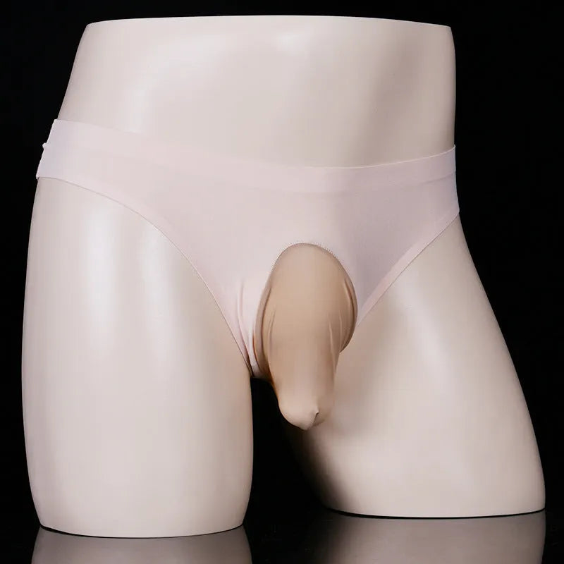 Men's ice silk underwear briefs in black, skin, white, purple, red, and pink colours showing T-back design