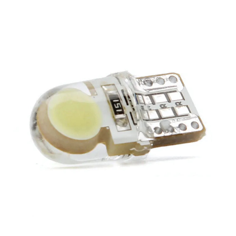 Ten T10 wedge base LED bulbs with silicone housing in a pack, showing multiple colour options