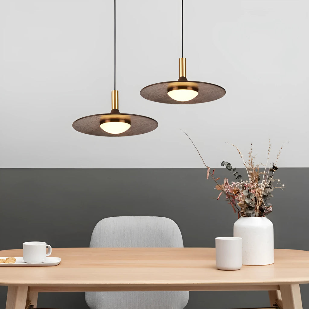 Walnut wood and copper bar chandelier in fish line shape, new Chinese style, showing push button switch.