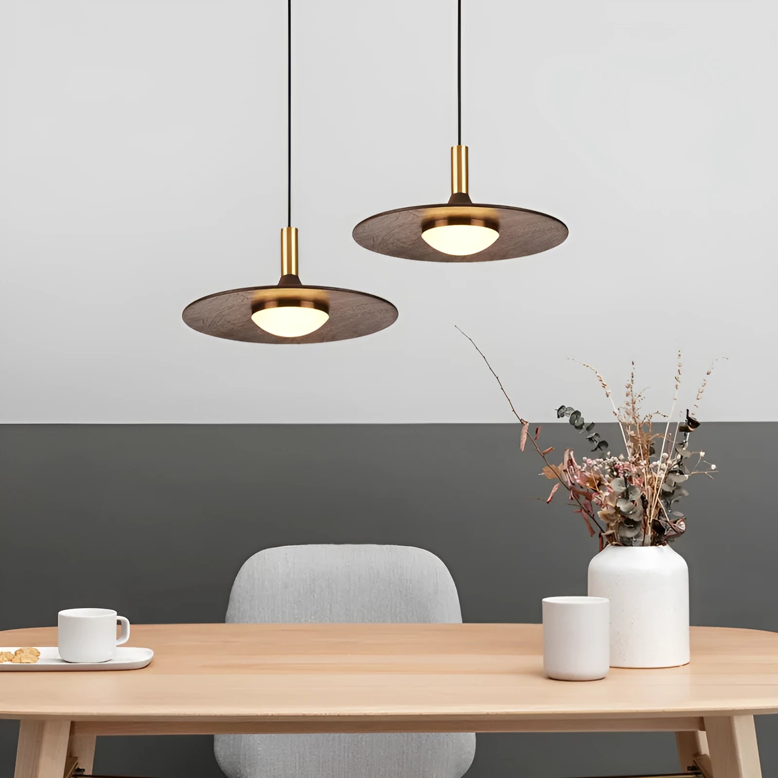 Walnut wood and copper bar chandelier in fish line shape, new Chinese style, showing push button switch.