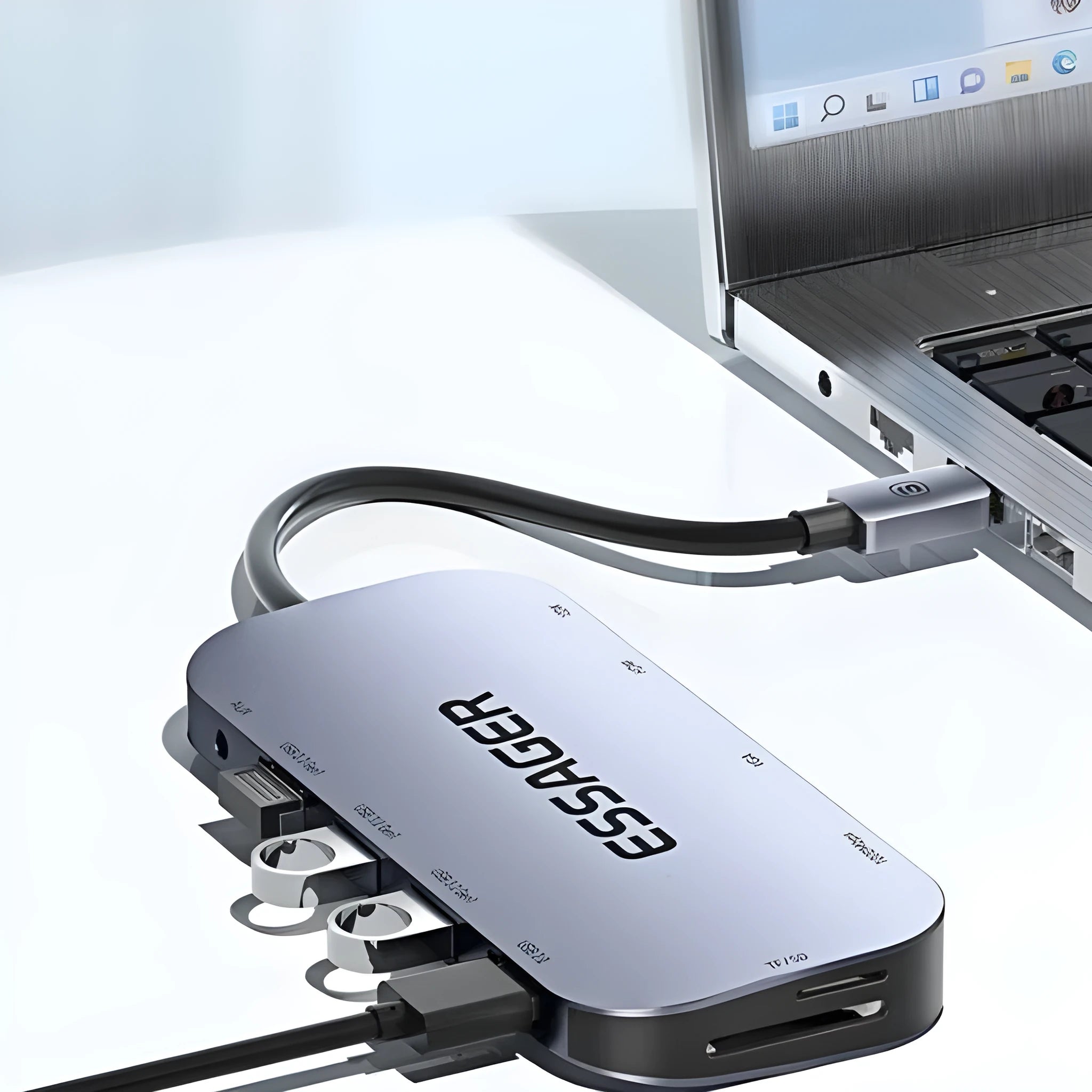11-in-1 aluminium USB-C expansion dock with a 20cm cable, showing Ethernet, HDMI, USB, and card reader ports.