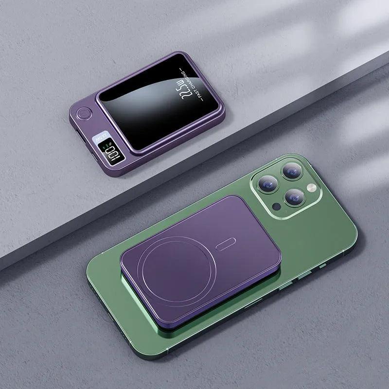 Wireless MagSafe power bank in black, showing industrial style plastic shell and compact rectangular shape.