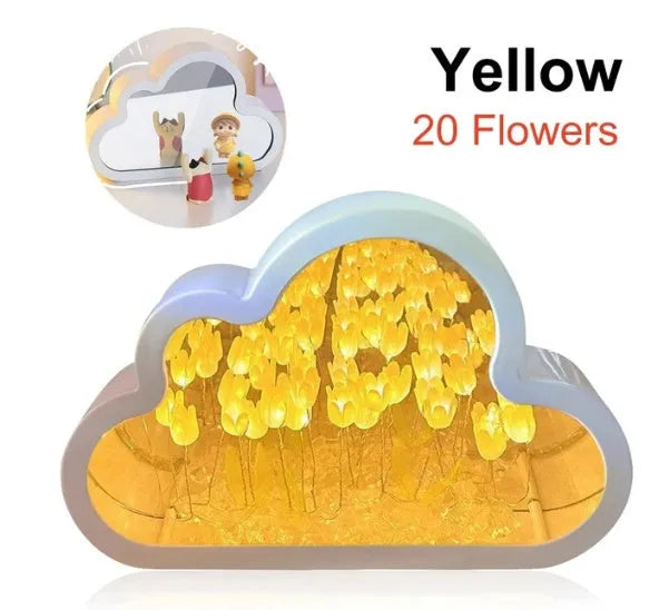 DIY cloud tulip night lamp with decorative mirror and LED light in pink, purple, blue or yellow colours