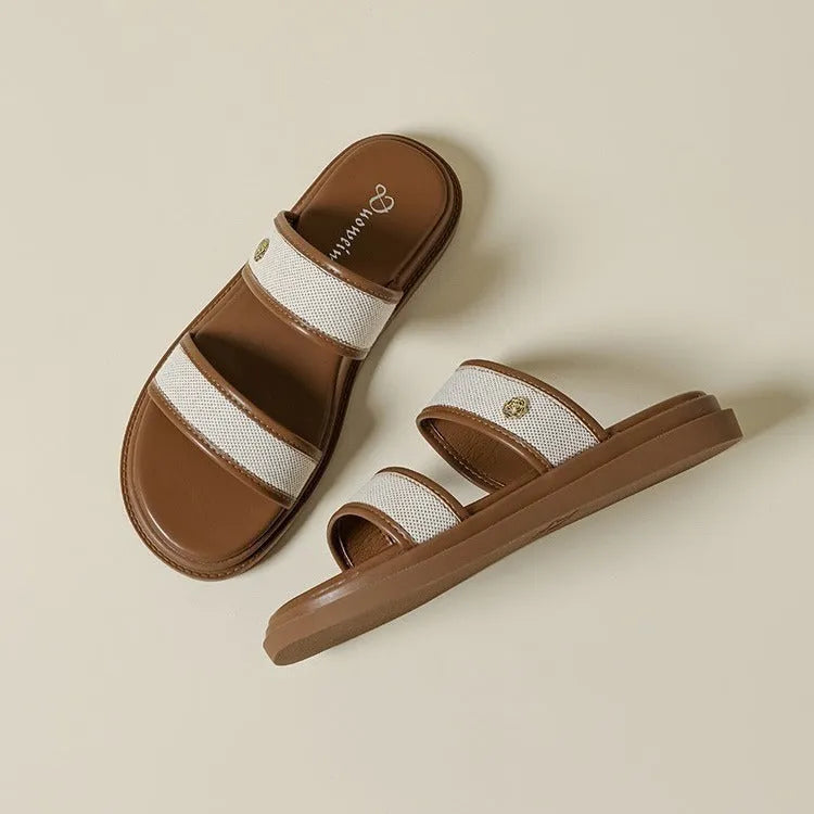 Women's brown and black soft bottom flip-flops with artificial PU upper and retro style