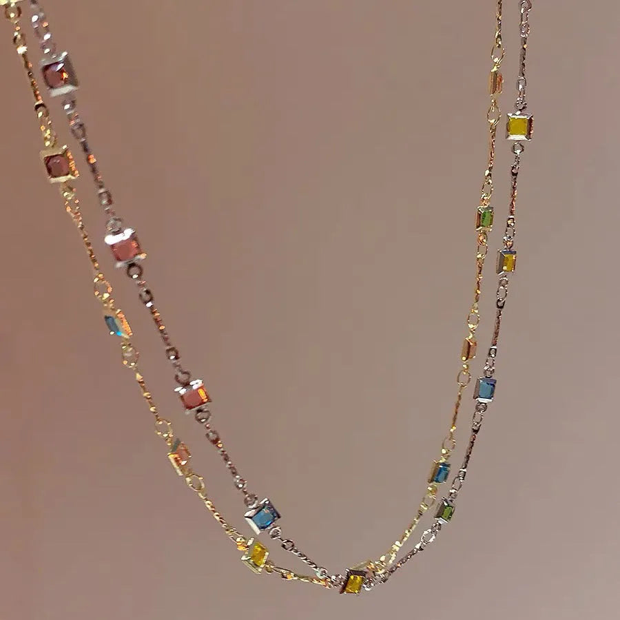 Square colour geometric clavicle chain necklace in gold finish with artificial crystal details