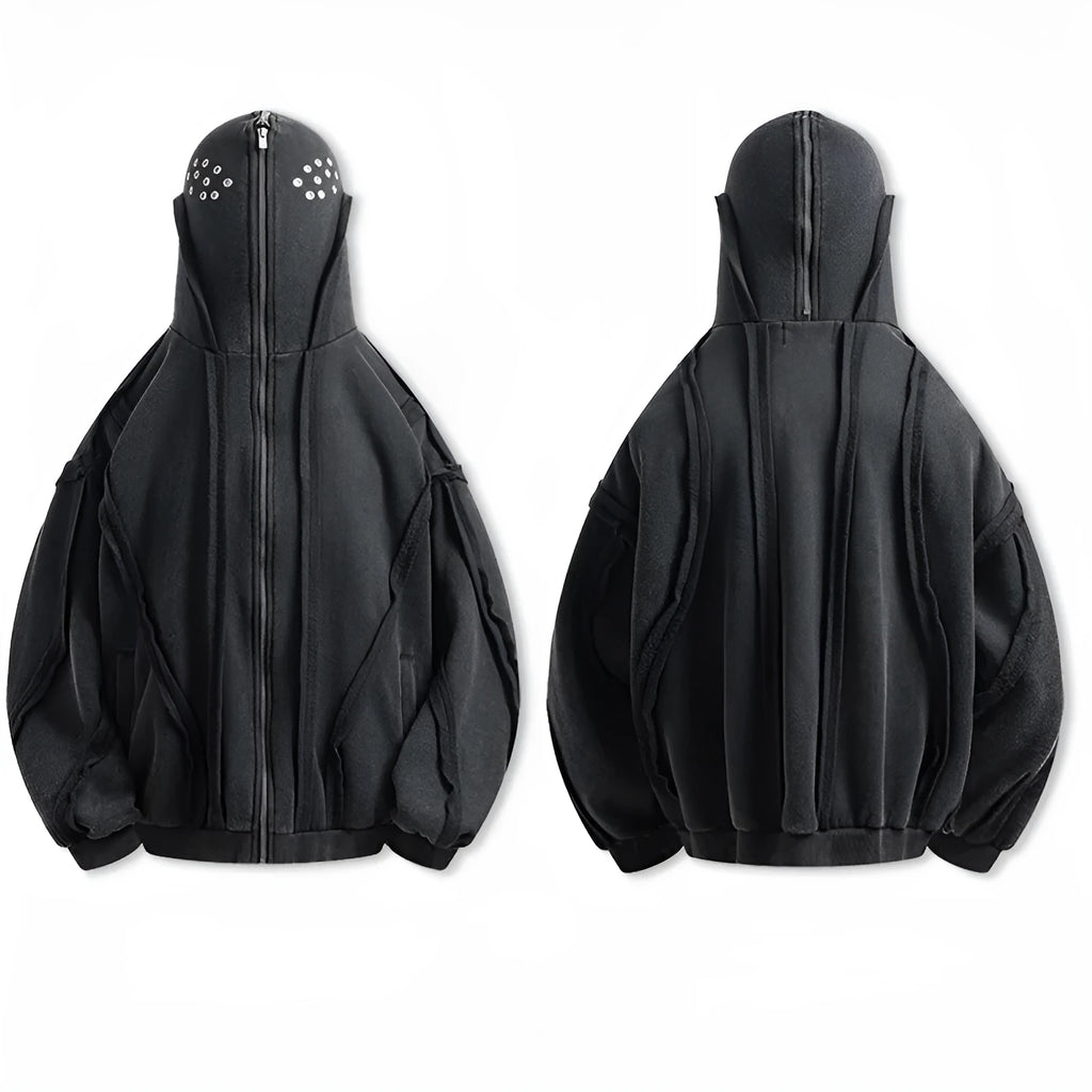 Men's black loose-fit retro cotton zip hooded coat with abstract pattern