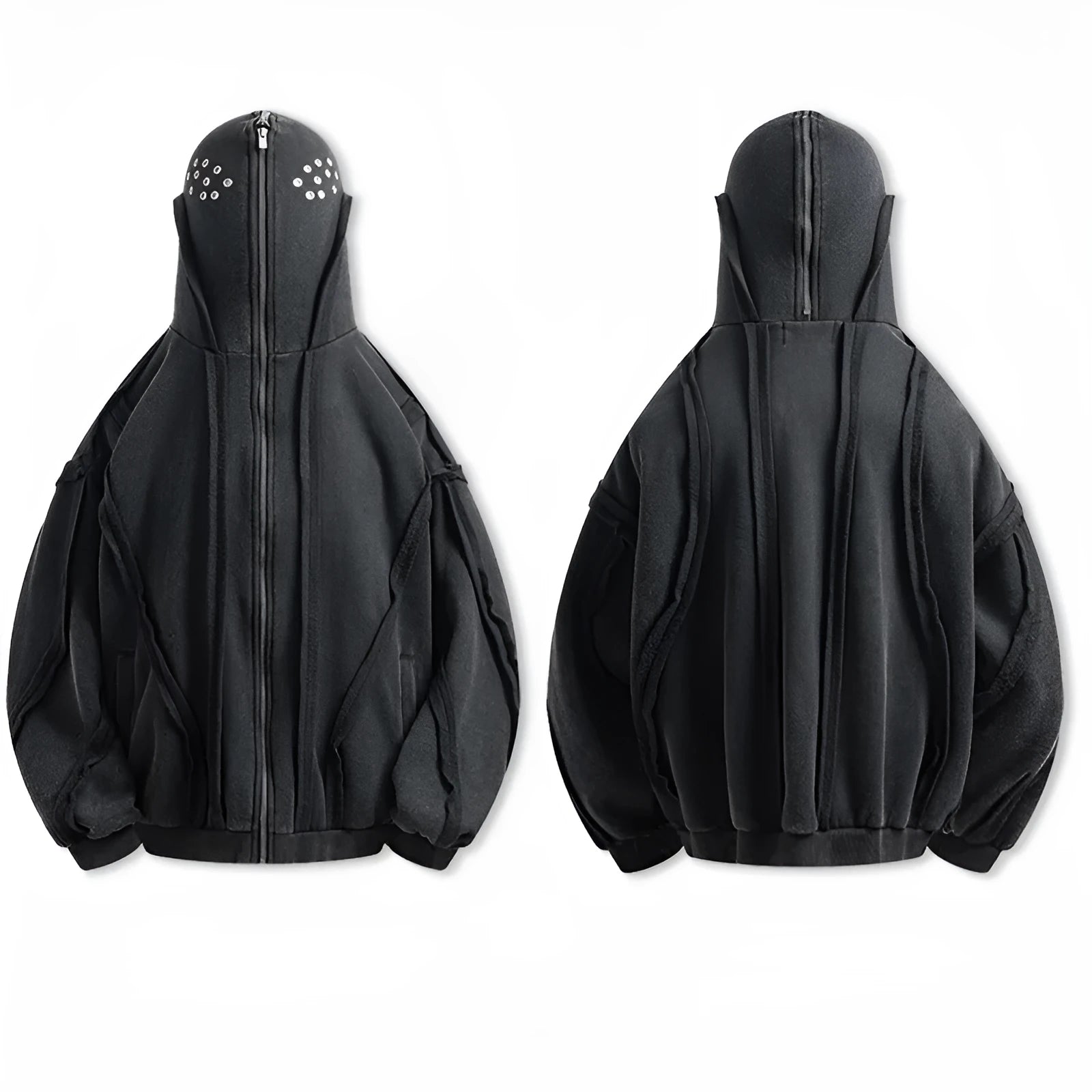 Men's black loose-fit retro cotton zip hooded coat with abstract pattern