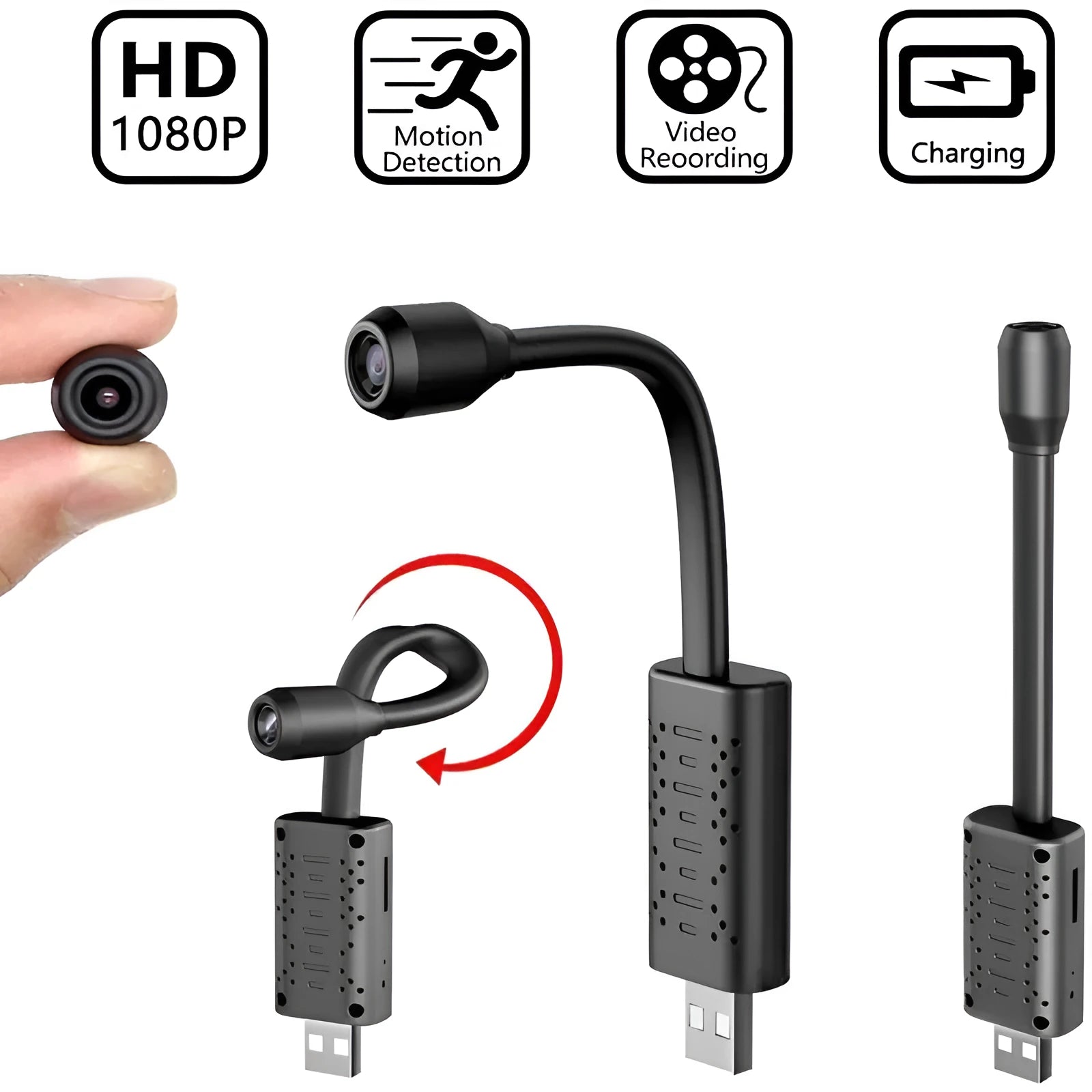 Black cylindrical V380 wireless USB camera with microSD slot and USB port for power