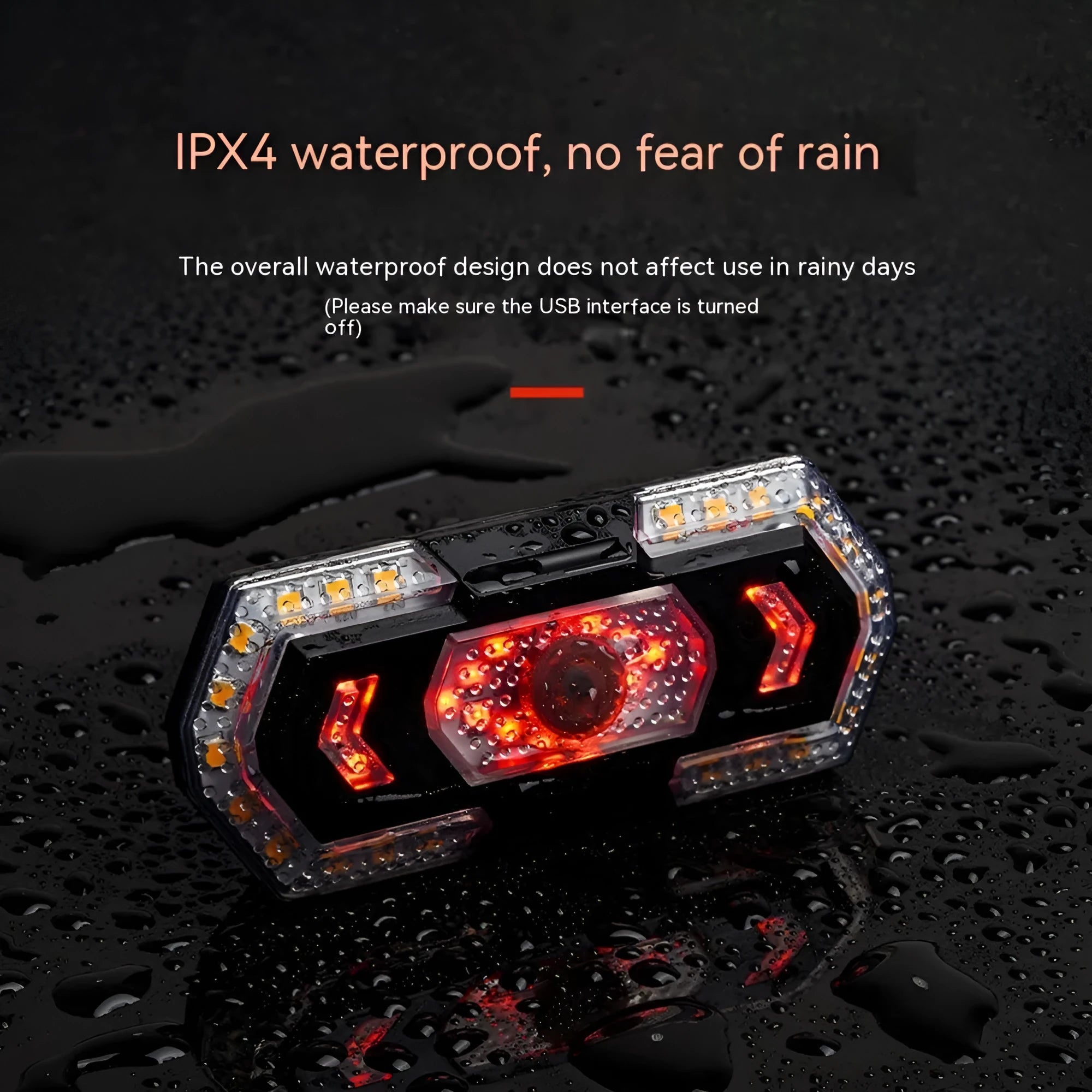 Black wireless remote control motorcycle turn signal taillight with USB charging port.