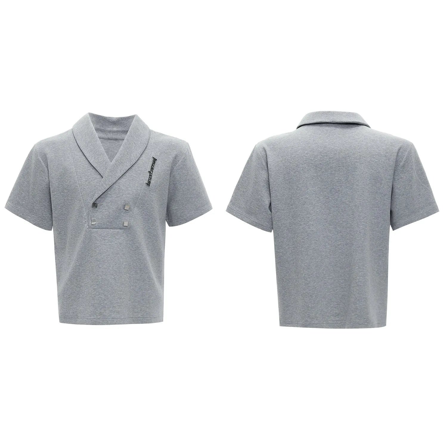 Men's dark grey cotton sports suit with padded shoulders, featuring a V-neck short-sleeve shirt and matching shorts.