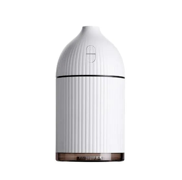 White ultrasonic aromatherapy diffuser and air humidifier with LED light, 300ml capacity, dimensions 80x80x155mm.