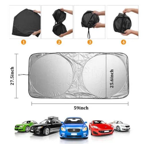 Silver car windshield sunshade in reflective metallic polyester and nylon, 150x70cm flat size