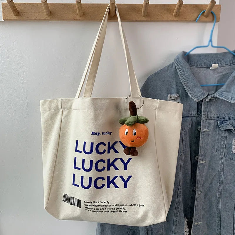 Natural canvas student shopping tote bag with metal magnet buckle and small pocket, 32x31.5x10cm