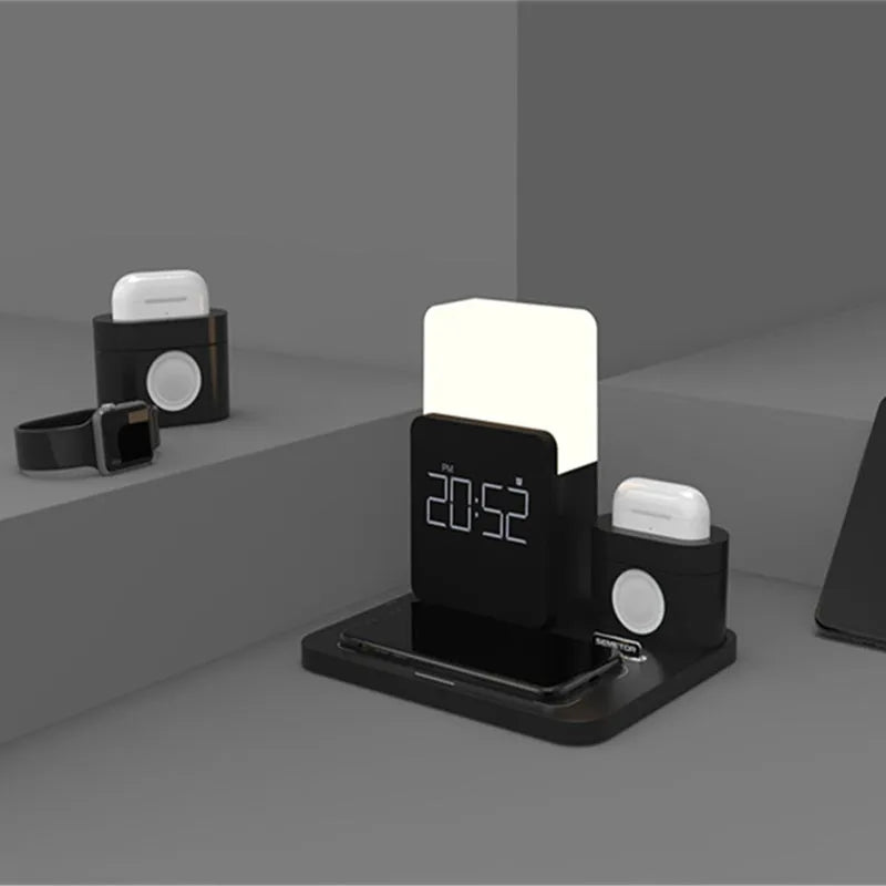 A dark green 3-in-1 wireless charging stand holding a phone, an Apple Watch, and a case for AirPods.