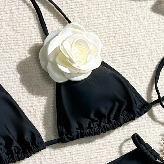 Black 3D flower bikini swimsuit with drawstring lace closure and backless design.