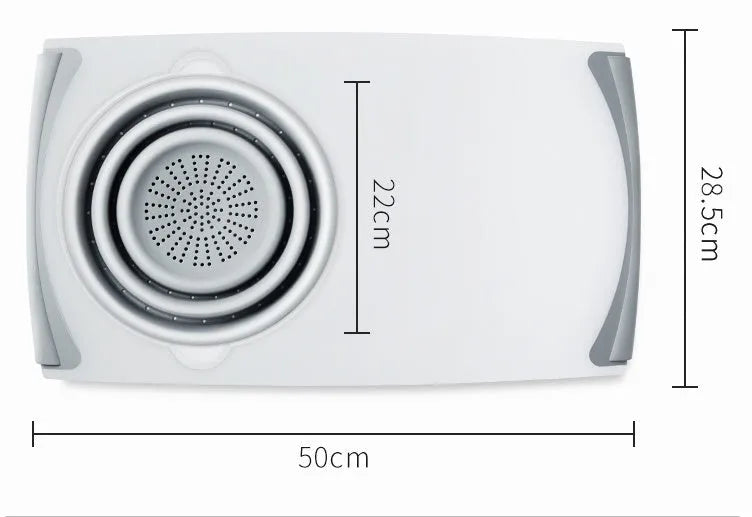 Grey multi-functional chopping board with detachable drain basket showing 50cm cutting surface