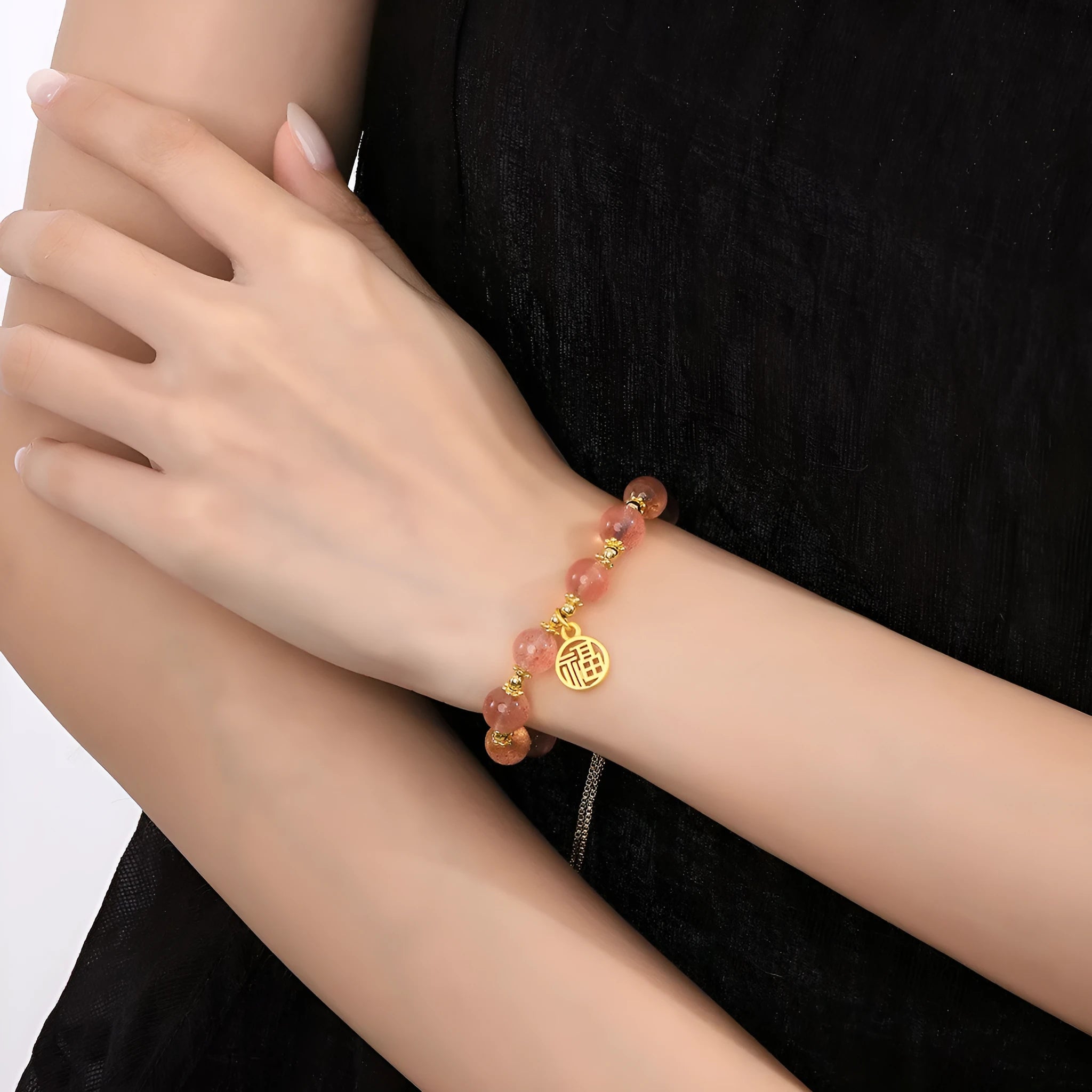 Women's strawberry quartz crystal bracelet with geometric shape and silver fu character design