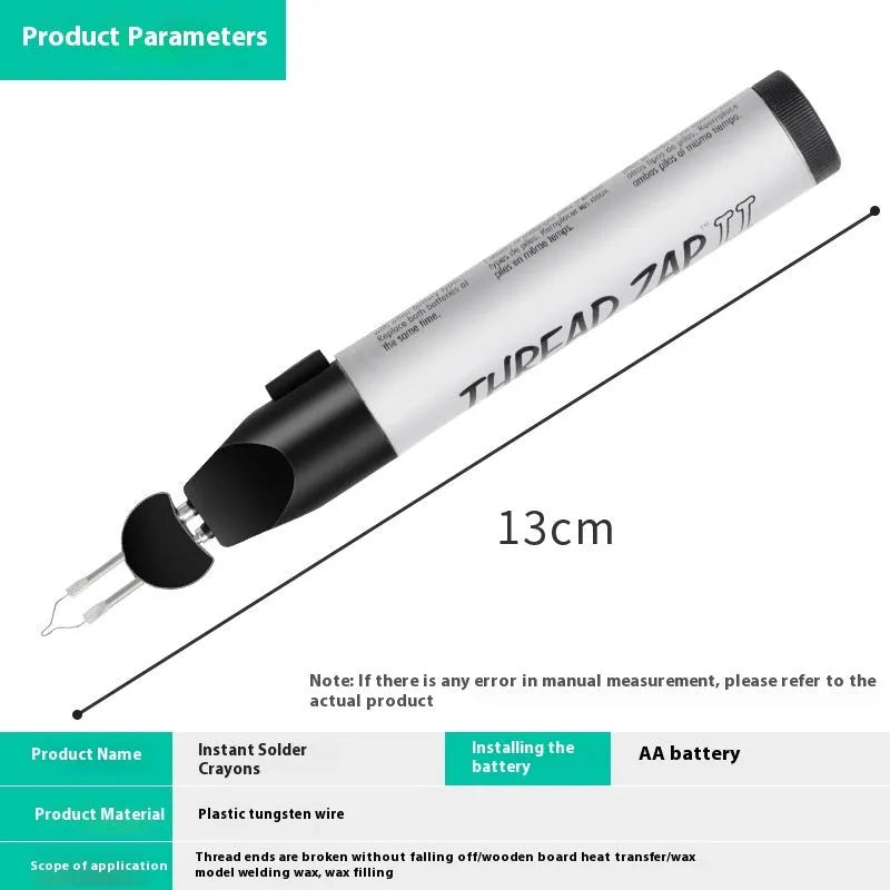 Instant Welding Crayon with plastic body and tungsten wire element, battery-powered tool for wire ends and wax repair