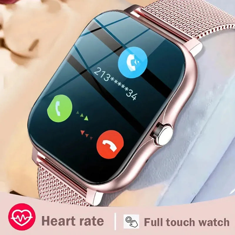 A smartwatch with a 1.44-inch screen showing a fitness stat interface, on a silicone strap.
