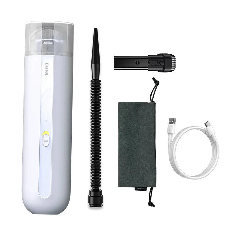 Baseus wireless handheld car vacuum cleaner in black, shown with blowing hose attachment and Type-C charging cable.