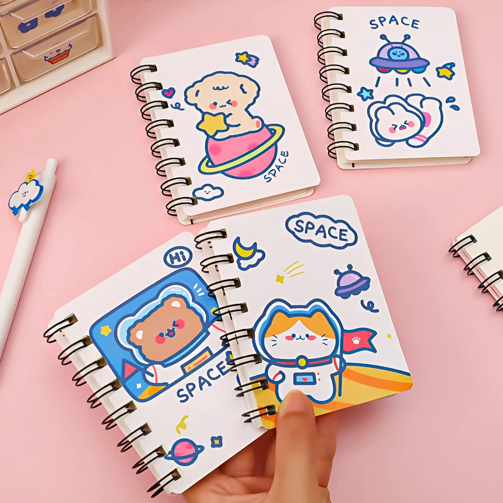 Astronaut series flipped pocket notebook in 10.5 by 8 cm size showing four cover colour options.