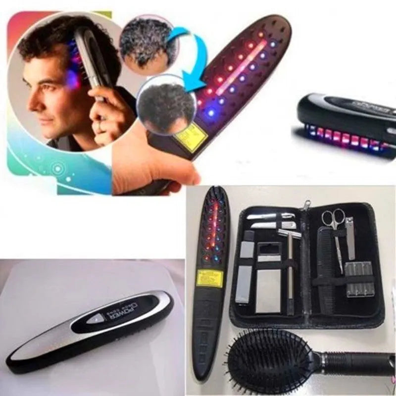 Black laser hair loss therapy comb with red and blue LED lights and massage attachment, 24cm length