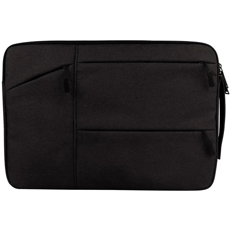 Laptop sleeve case with PE pearl cotton inner support, double zipper and side handle, compatible with MacBook and 15 inch laptops.