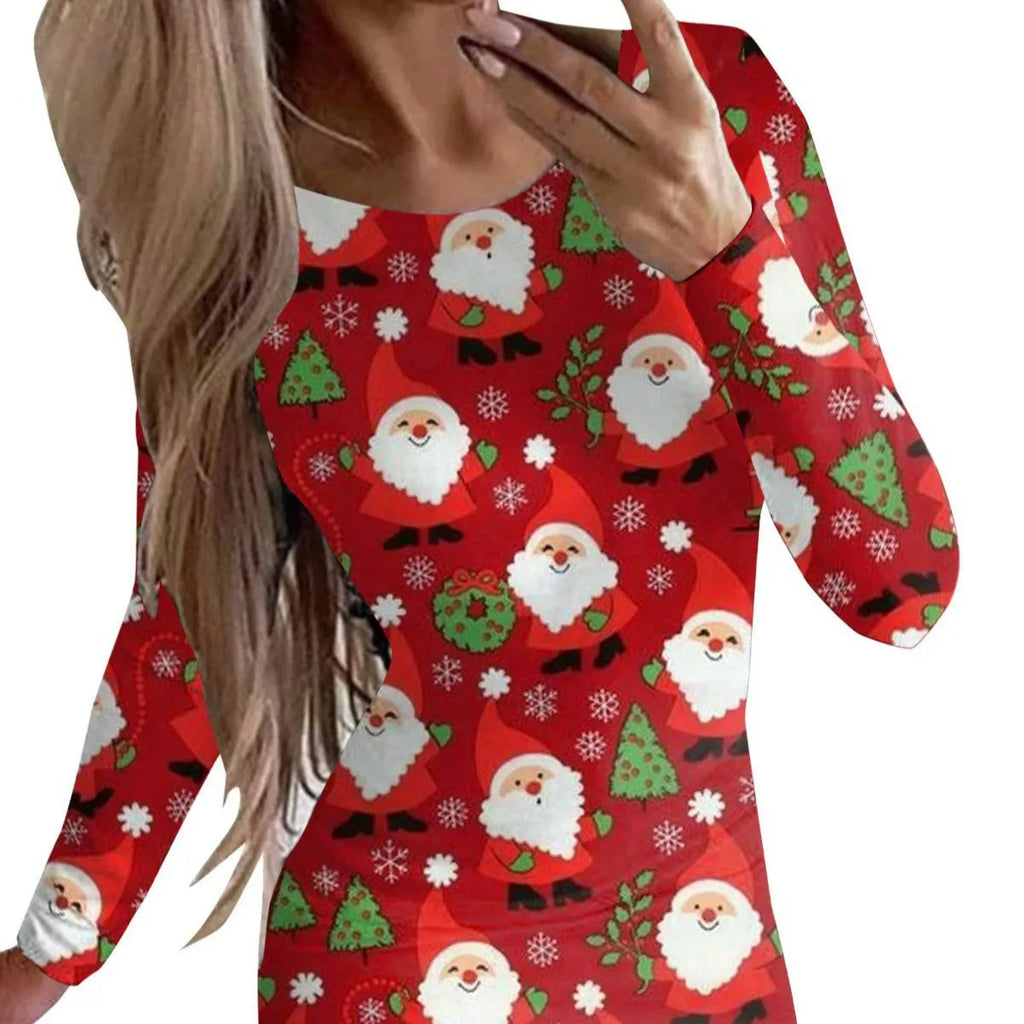Christmas printed narrow dress with animal pattern design and round neckline