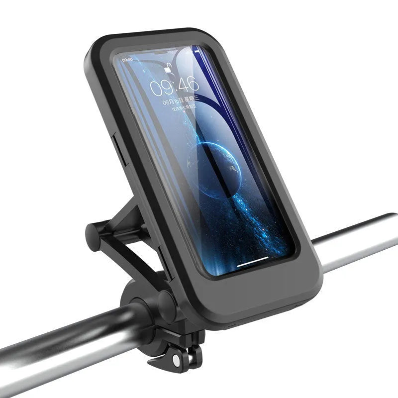 Black waterproof bicycle motorcycle phone holder with adjustable joints and magnetic suction on handlebars
