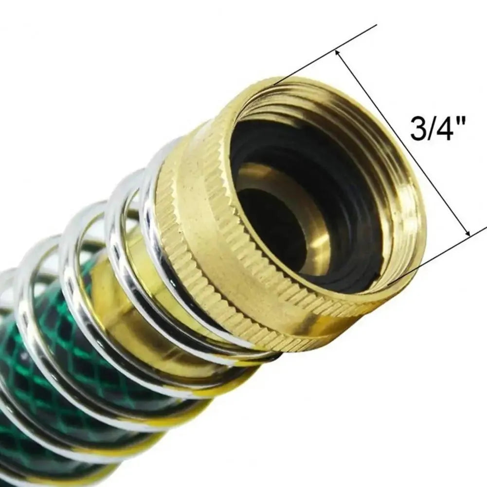 Brass garden hose connector with spiral spring measuring 15cm length