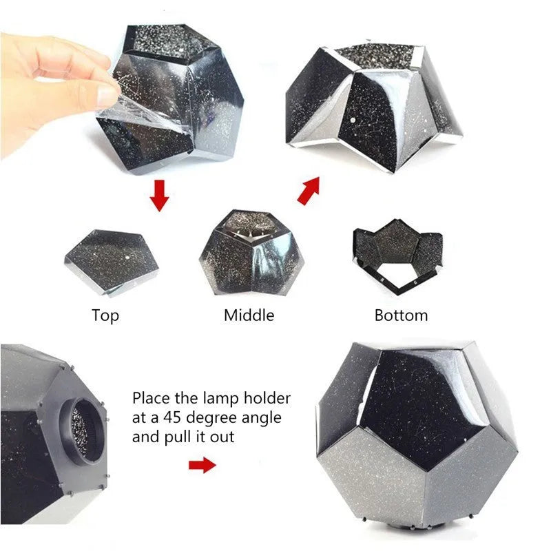 LED starry sky projector night lamp showing constellation projections on a bedroom ceiling with remote control