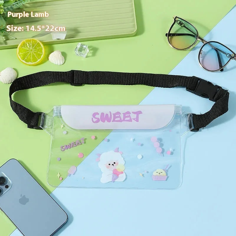 PVC waterproof mobile waist bag with touch screen and adjustable strap, blue whale cartoon design