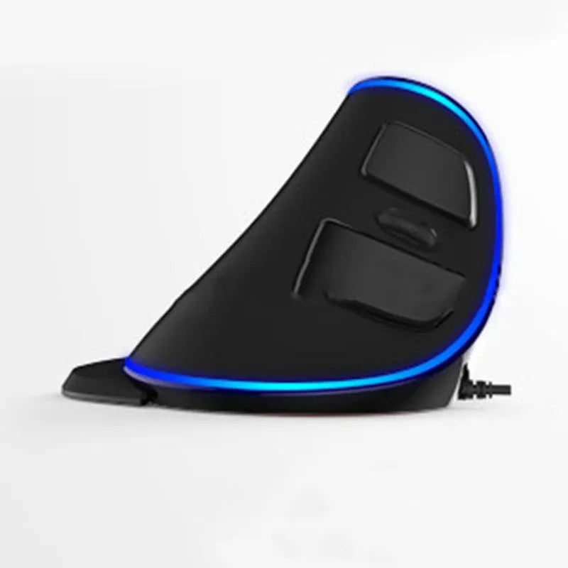 Right-handed vertical snail-shaped ergonomic computer mouse with RGB lighting on a desk.