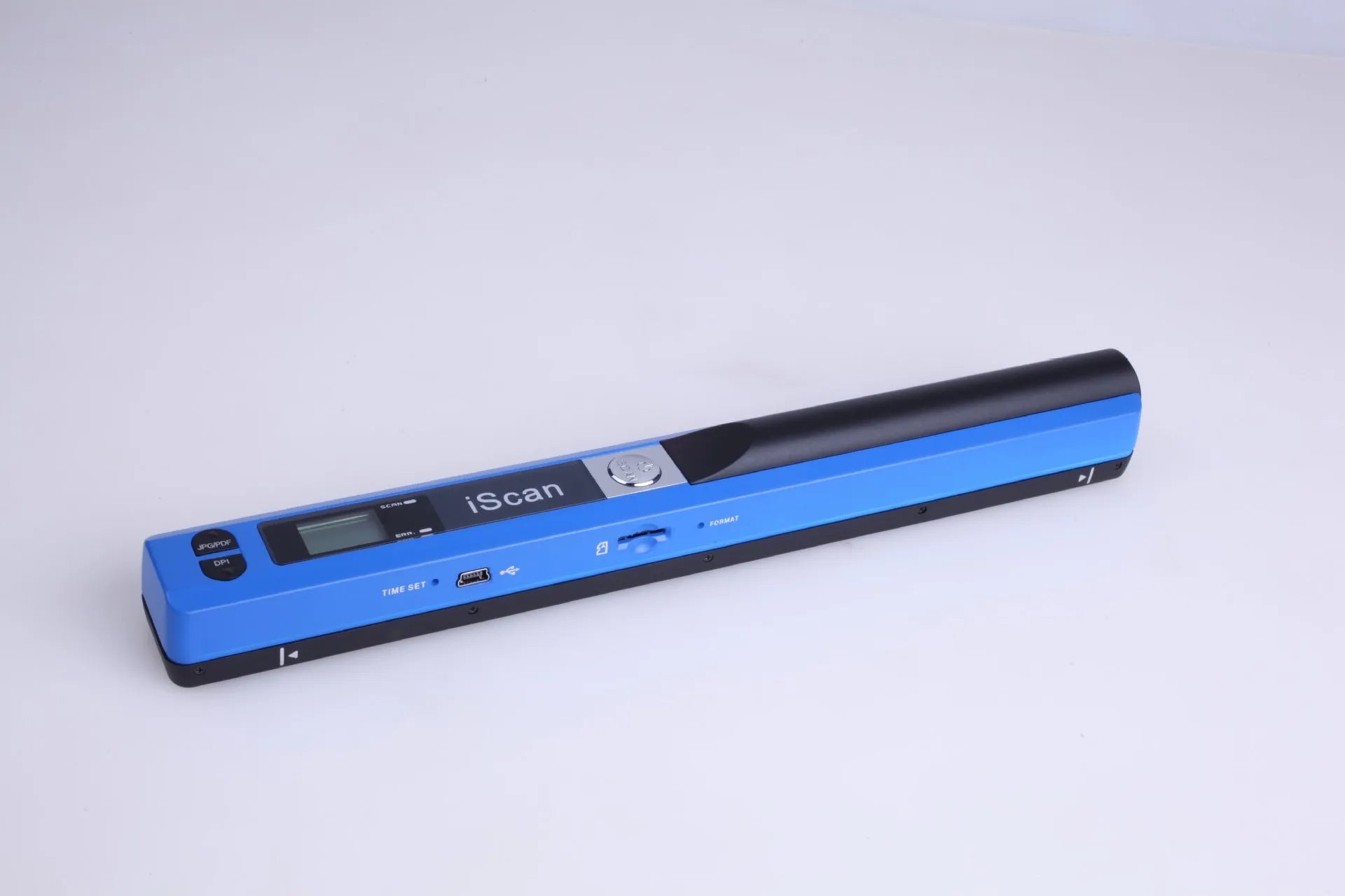 A handheld barcode scanner in plastic construction shown in five colour options: black, blue, green, red, and silver.