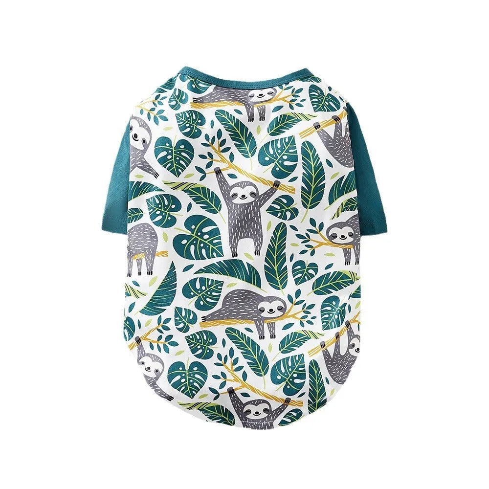 Casual printed dog t-shirt in multiple colours, shown with a sizing chart for small dogs.