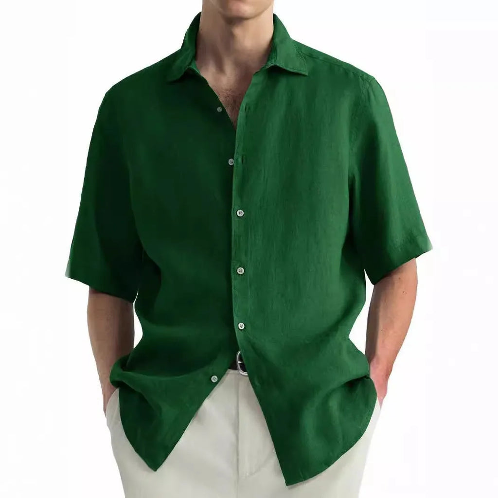 Men's green washed cotton casual cardigan shirt on a hanger