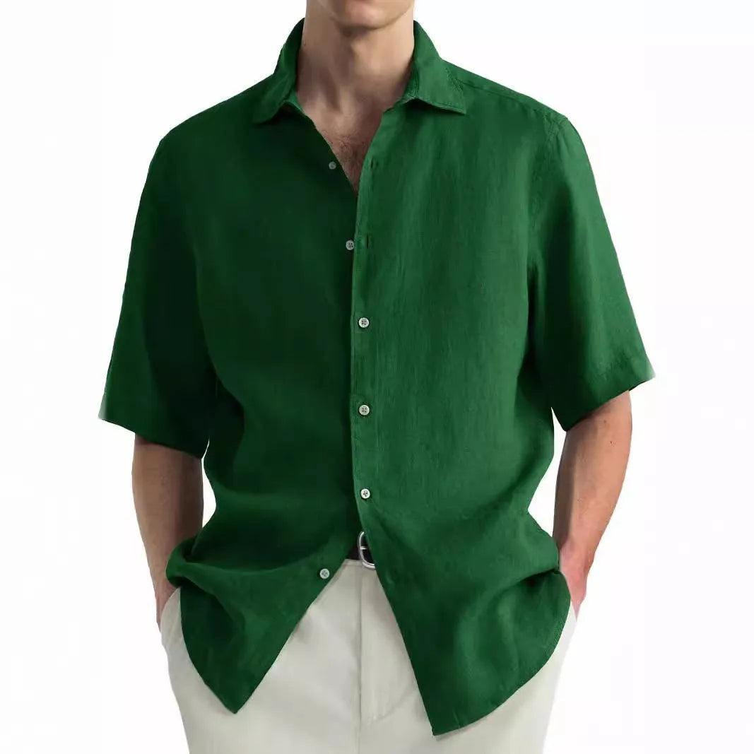 Men's green washed cotton casual cardigan shirt on a hanger