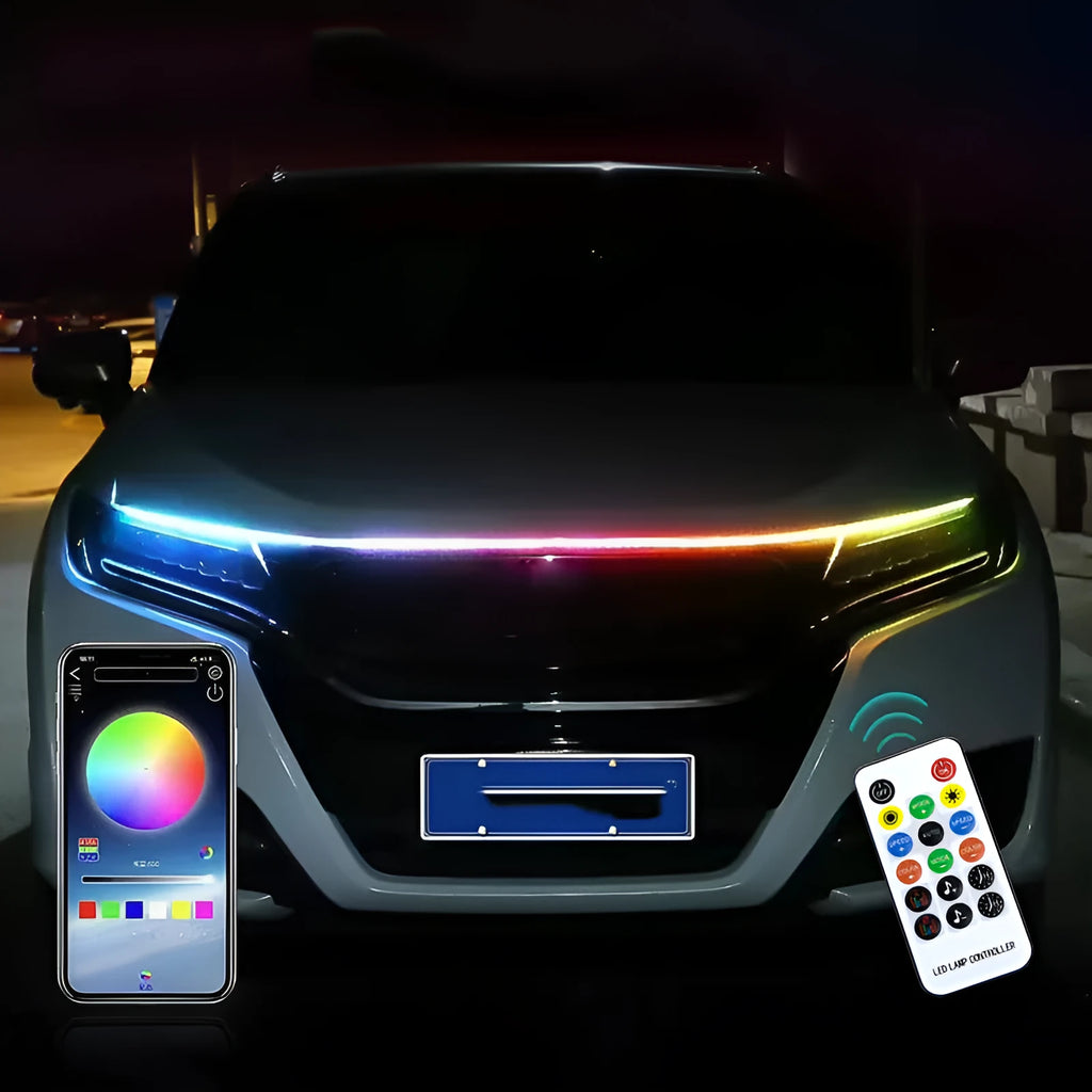 Flexible PVC LED light strip for installing on a General Motors vehicle engine cover.