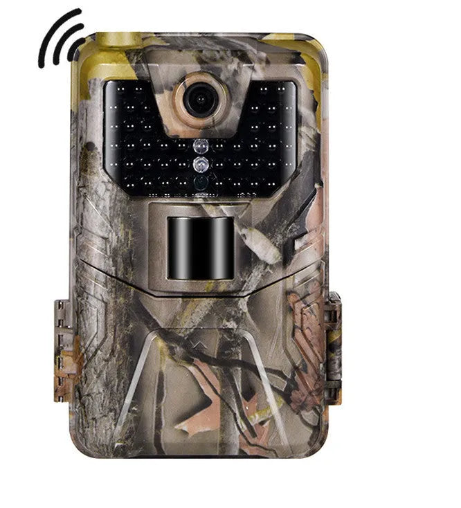 Camouflage trail camera with infrared LEDs, showing compact size for outdoor wildlife monitoring and security.