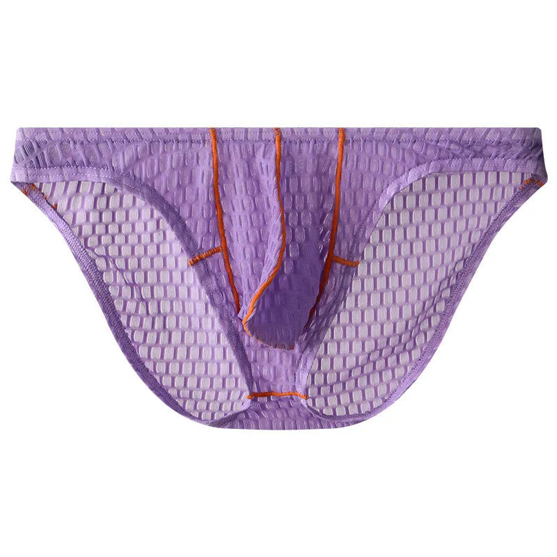 Men's low waist ice silk lace briefs in solid colours including rose red and light purple on a size chart.