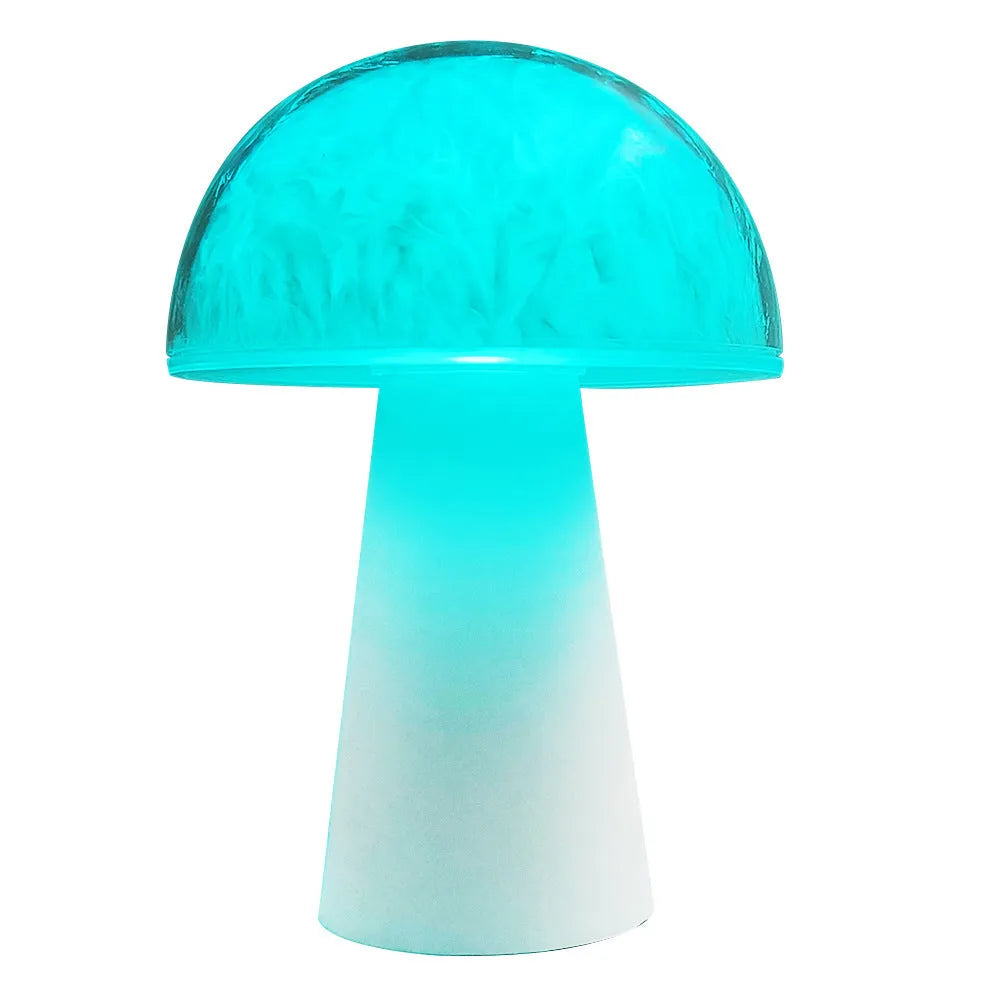 Mushroom-shaped RGB night light with remote control measuring 9cm by 9cm by 13.5cm