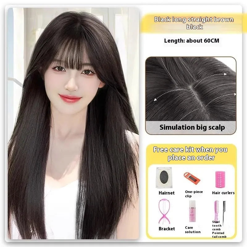 Forehead lace long straight wig with side bangs in high temperature fibre material