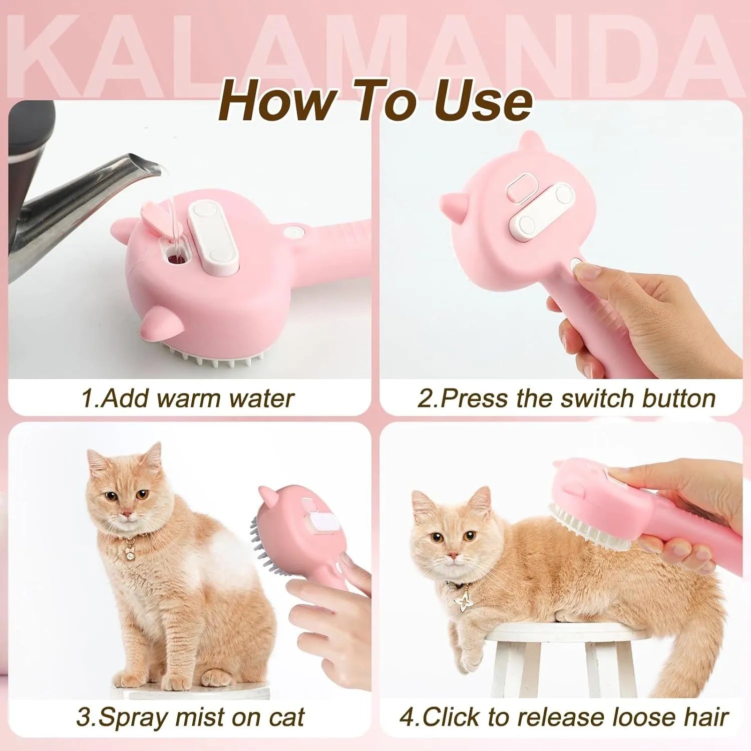 Blue cat steam brush with ergonomic handle, rubber bristles and mist spray function for pet grooming
