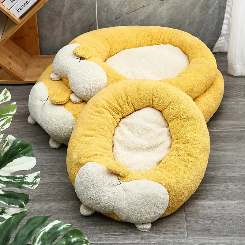 Corgi shaped plush pet bed for dogs and cats available in three sizes with PP cotton filling